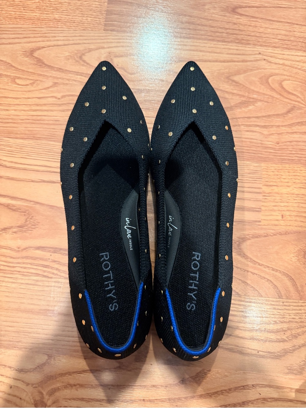 Rothy's Black Pointed Studded Flats with Blue Trim